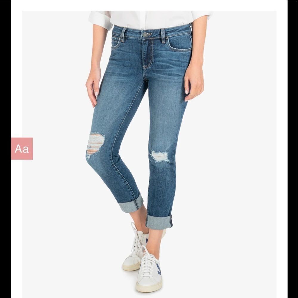 Kut from the Kloth Catherine High Rise Boyfriend distressed knee jeans, size 4.